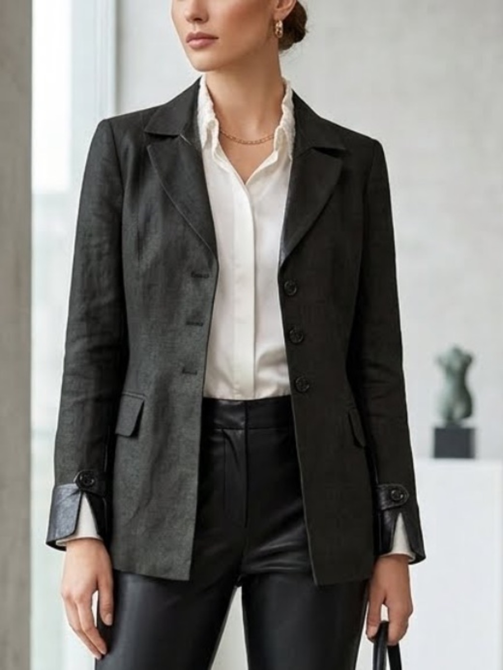 Tomaso Stefanelli Black Linen/Leather Tailored Blazer Mixed-Media Size 8 Medium